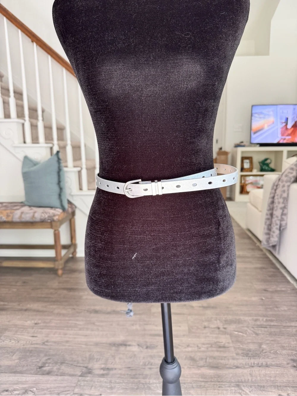 Skinny Metallic Silver Leather Belt with Silver Buckle